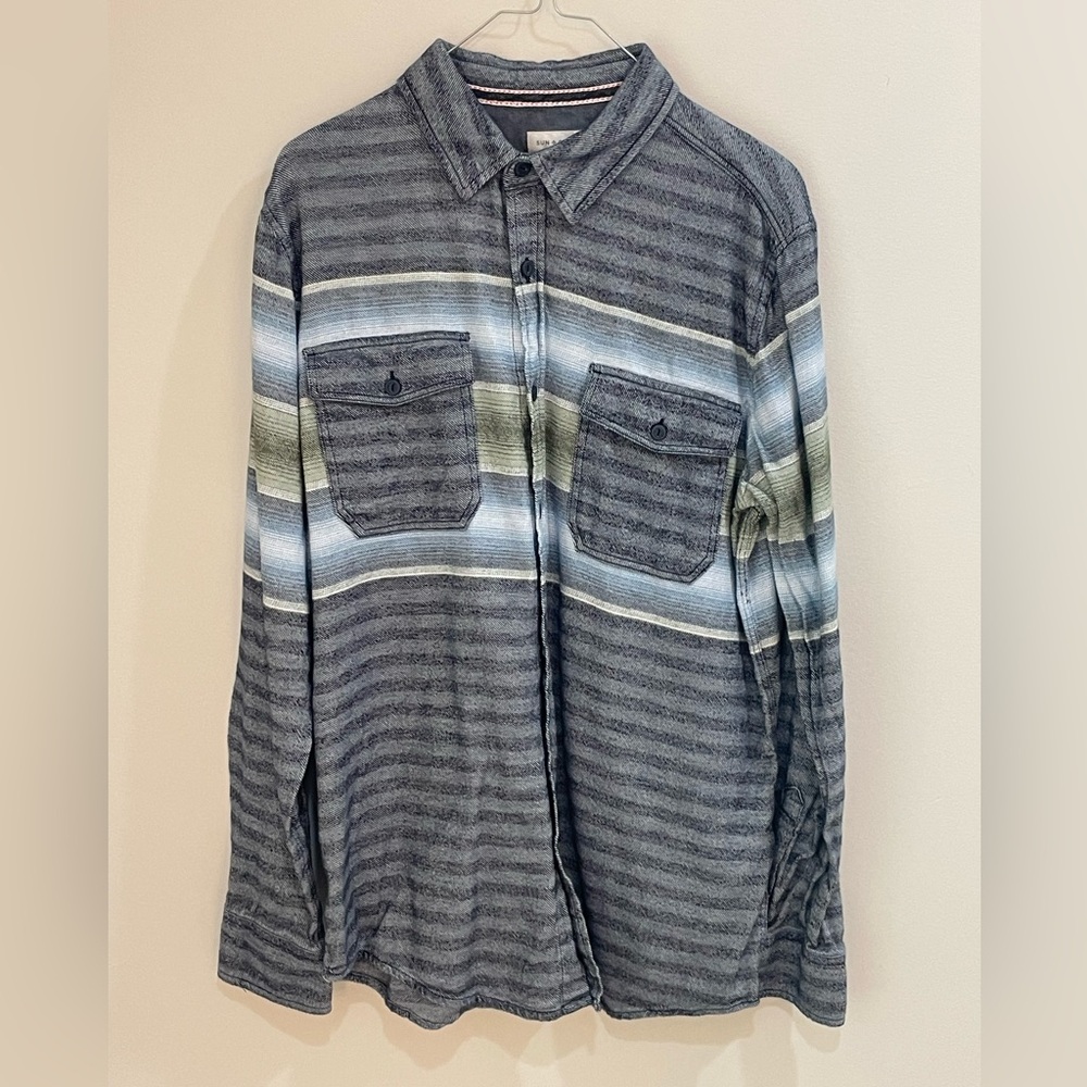 Sun & Stone Striped Blue and Gray Men's Flannel